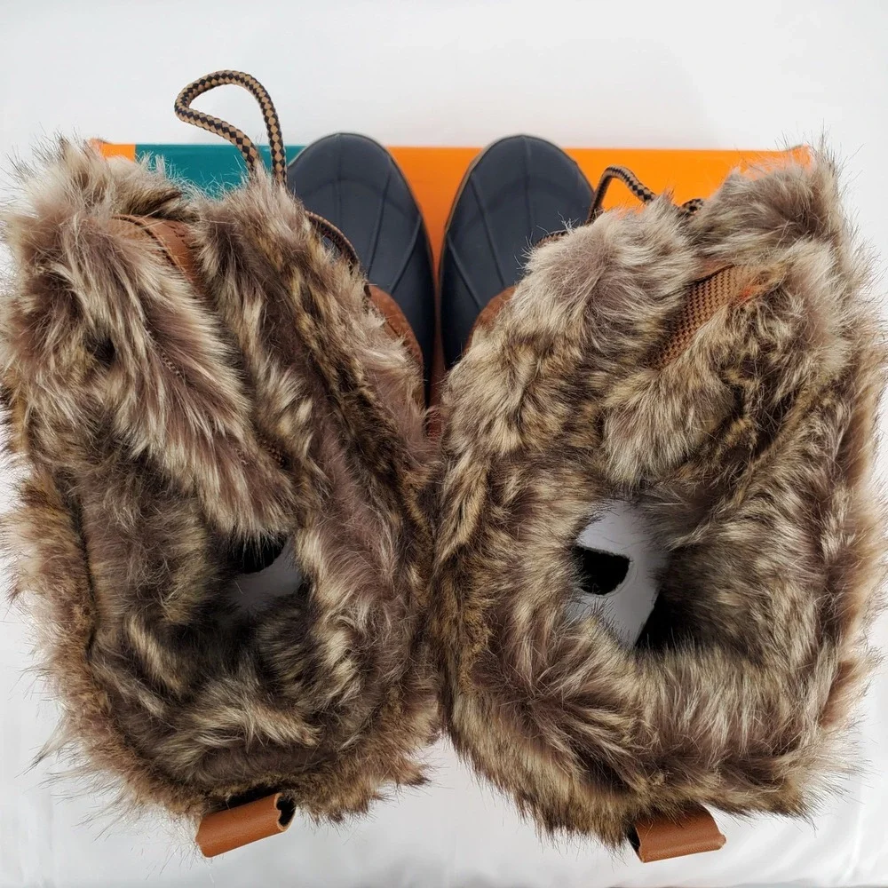 Sporto Deal Waterproof Duck Boots Women 9 M Tan Navy Faux Fur Trim Round Toe New